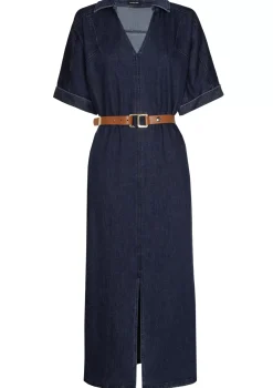 Vrouwen Caroline Biss 1114-23 / Rechtvallende Midi Jurk In Jeans Met Stretch