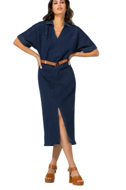 Vrouwen Caroline Biss 1114-23 / Rechtvallende Midi Jurk In Jeans Met Stretch