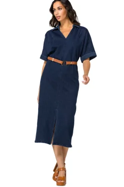 Vrouwen Caroline Biss 1114-23 / Rechtvallende Midi Jurk In Jeans Met Stretch